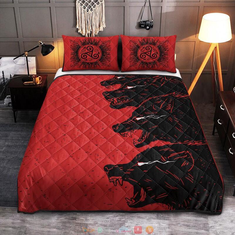 BEST Fenrir Viking red black Full print 3d Quilt Bedding Set 12