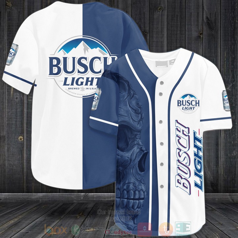 BEST Skull Busch Light blue white Baseball shirt 3