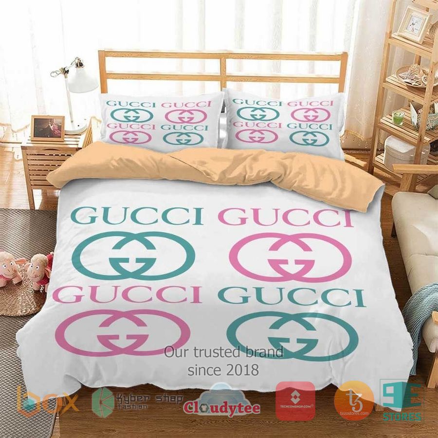 BEST Gucci Pink Blue logo white Cover Bedding Set 2
