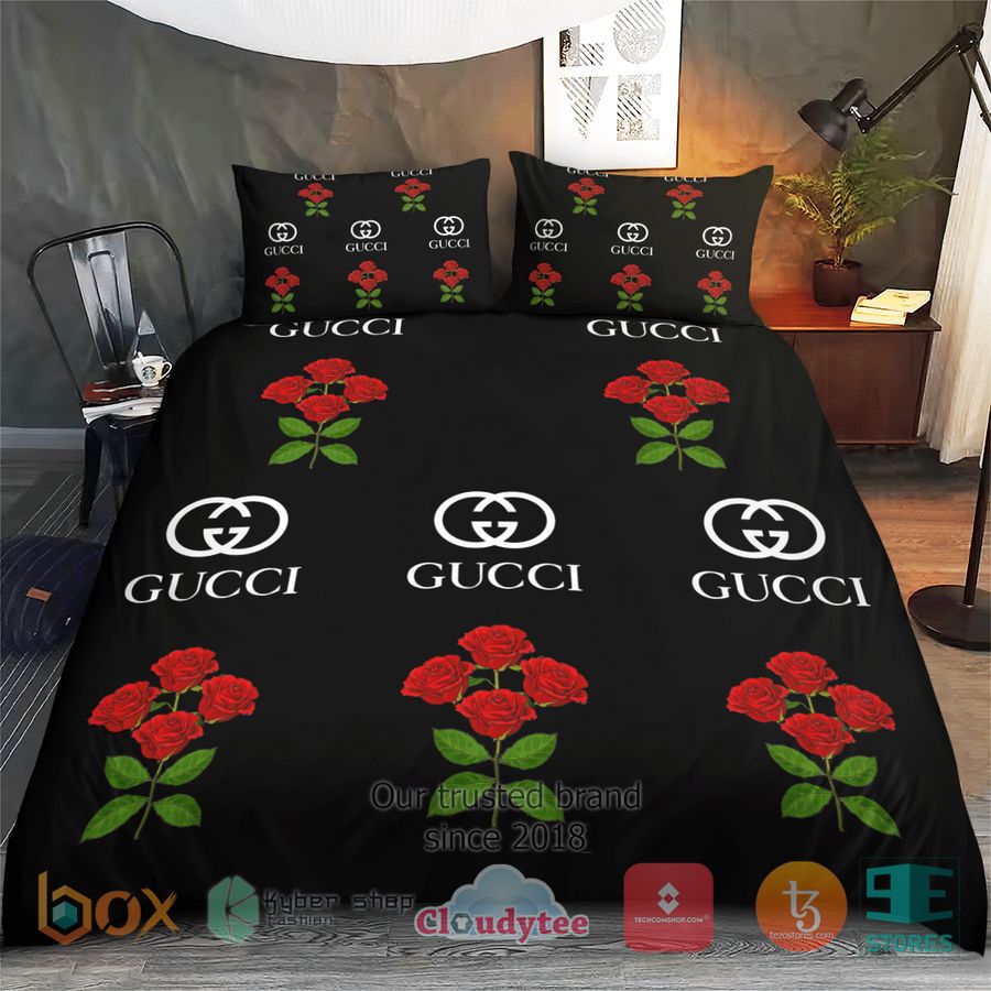 BEST Gucci Roses Black Cover Bedding Set 2