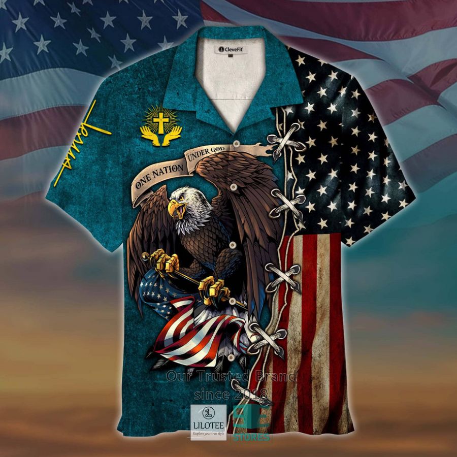 One Nation Under God Eagle US Flag Cyan Hawaiian shirt 8