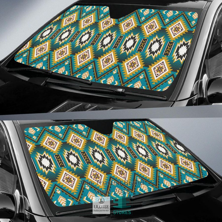 Turquoise Blue Color Native Ameican Design Car Sun Shades 11