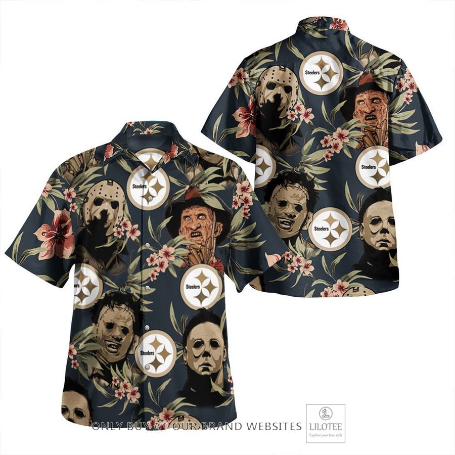 Pittsburgh Steelers Hibiscus Horror Character Halloween Hawaiian Shirt 3