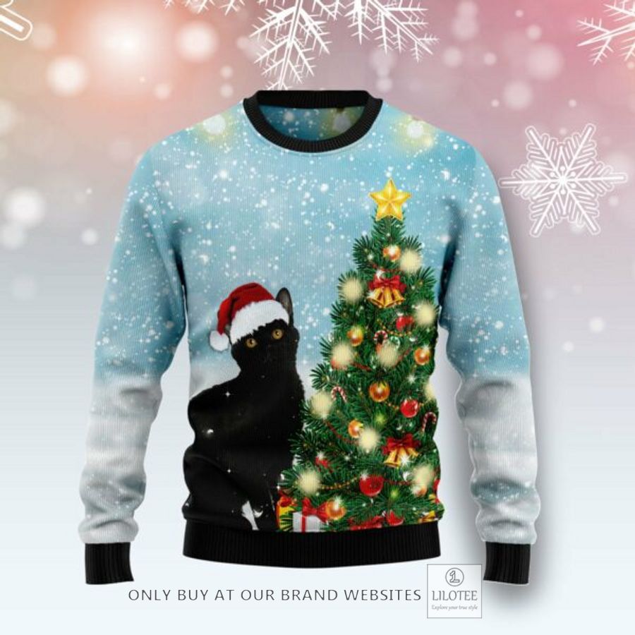 Black Cat Noel Tree Ugly Christmas Sweatshirt 6