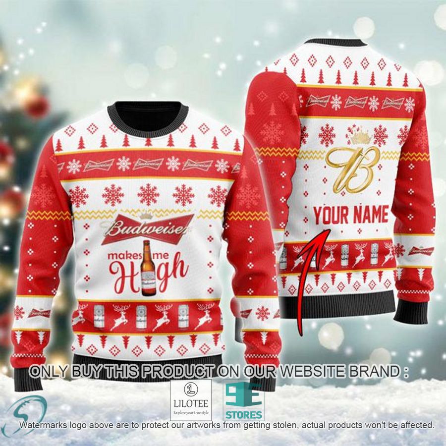 Personalized Budweiser Makes Me High Ugly Christmas Sweater - LIMITED EDITION 8