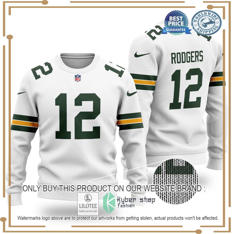 aaron rodgers 12 green bay packers nfl white wool sweater 1 28909
