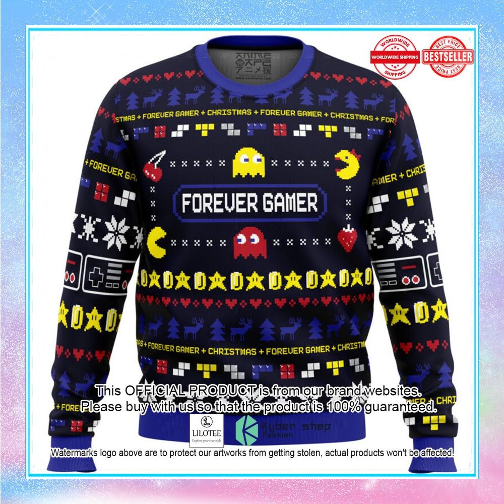 forever gamer christmas pac man christmas sweater 1 857