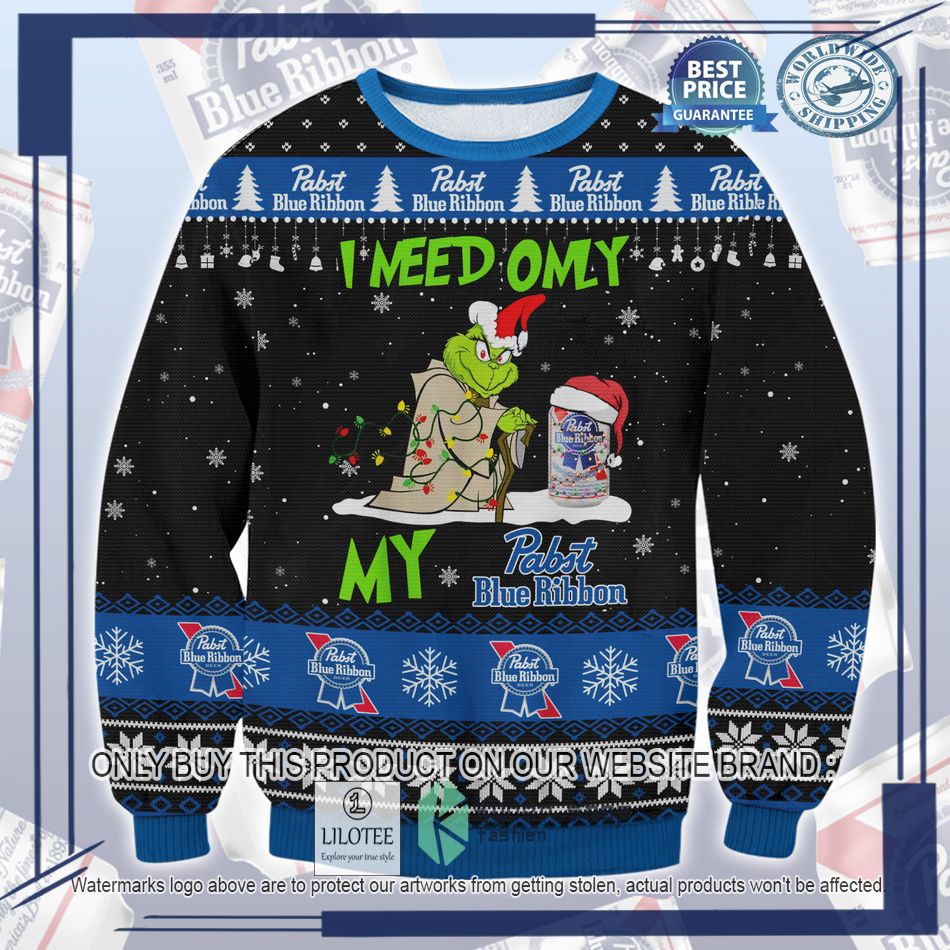grinch i need only my pabst blue ribbon ugly christmas sweater 1 7184