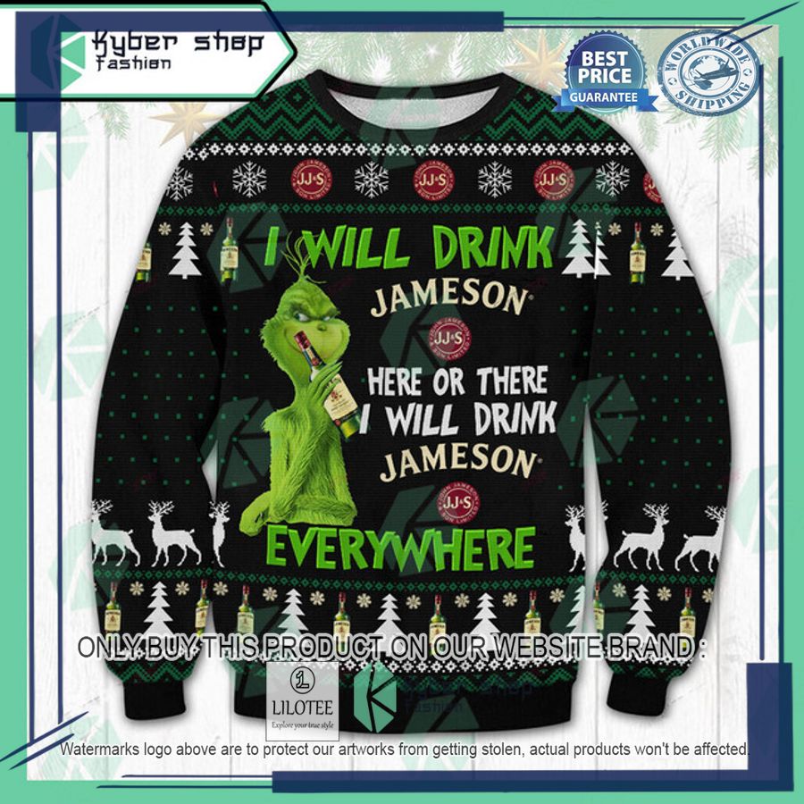 grinch i will drink jameson irish whiskey here or there ugly christmas sweater 1 55722