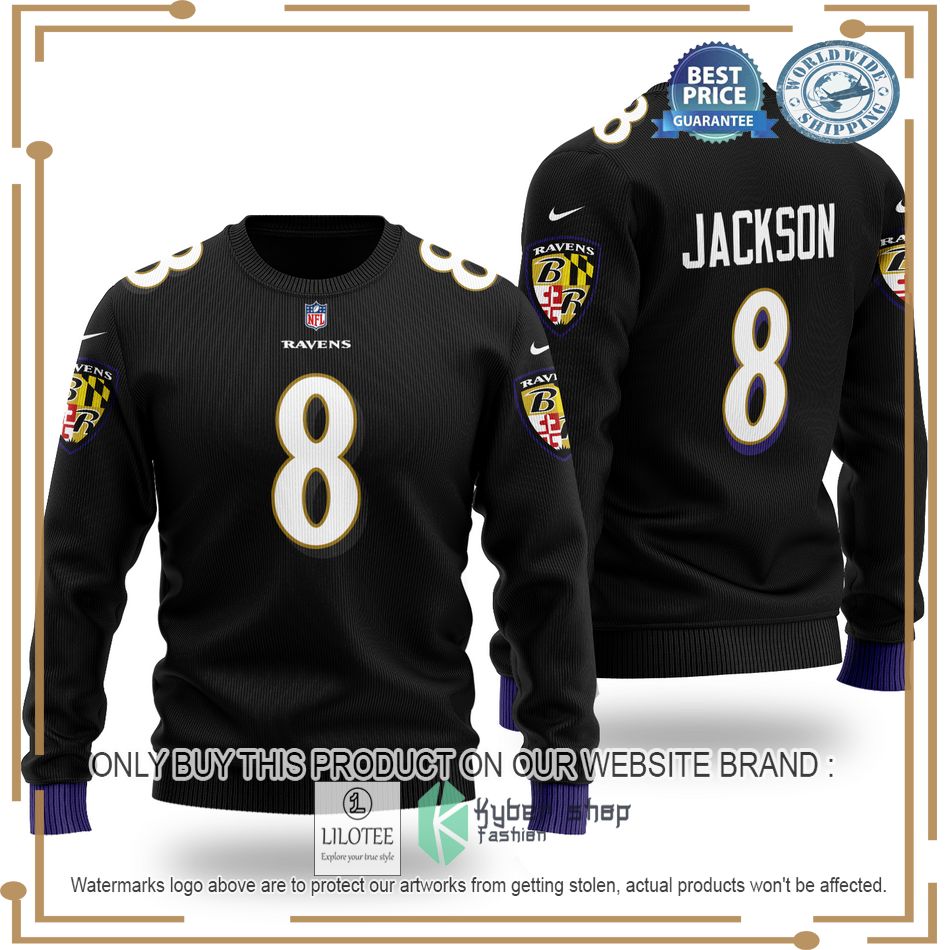 lamar jackson 8 baltimore ravens nfl black wool sweater 1 47312