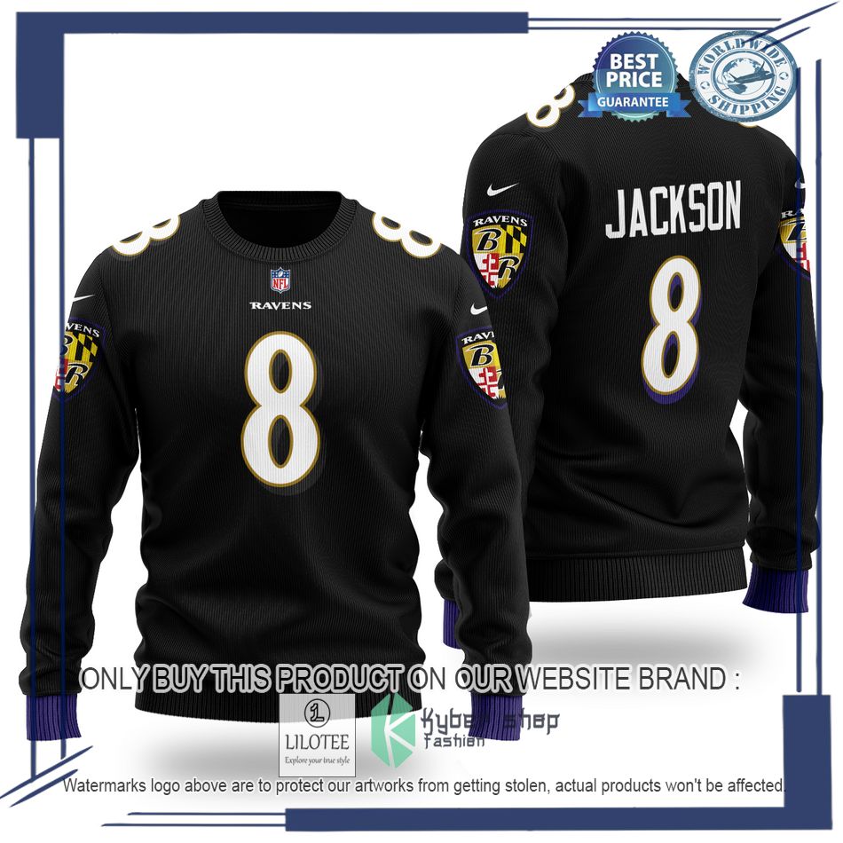 lamar jackson 8 baltimore ravens nfl black wool sweater 1 75670
