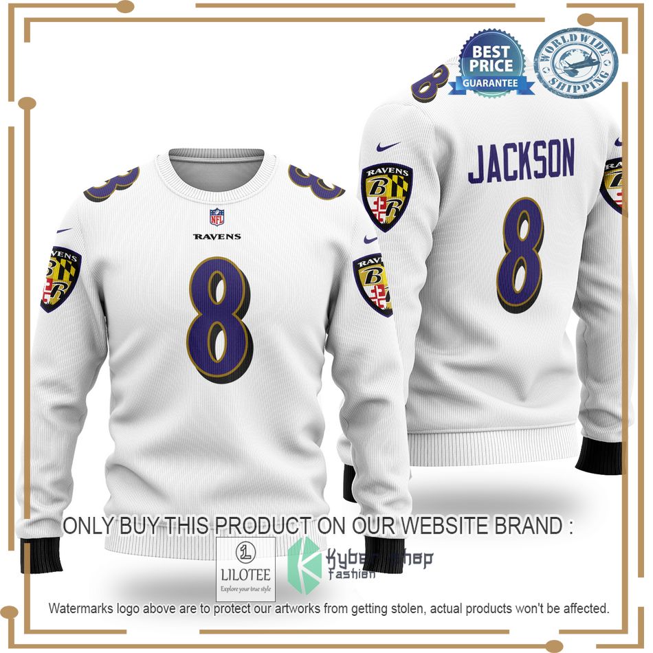 lamar jackson 8 baltimore ravens nfl white wool sweater 1 33246