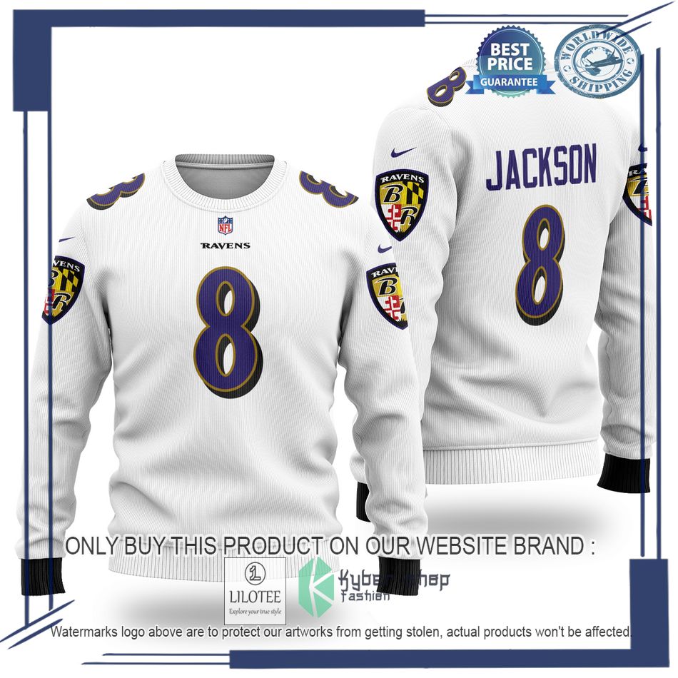 lamar jackson 8 baltimore ravens nfl white wool sweater 1 48610