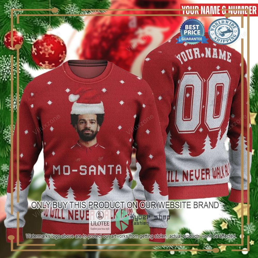 Personalized Liverpudlians F.C. Mo-Santa Salah You Will Never Walk Alone Ugly Christmas Sweater 3