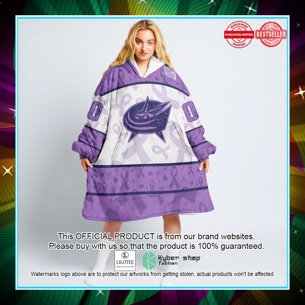 personalized nhl columbus blue jackets special lavender fight cancer oodie blanket hoodie 1 437