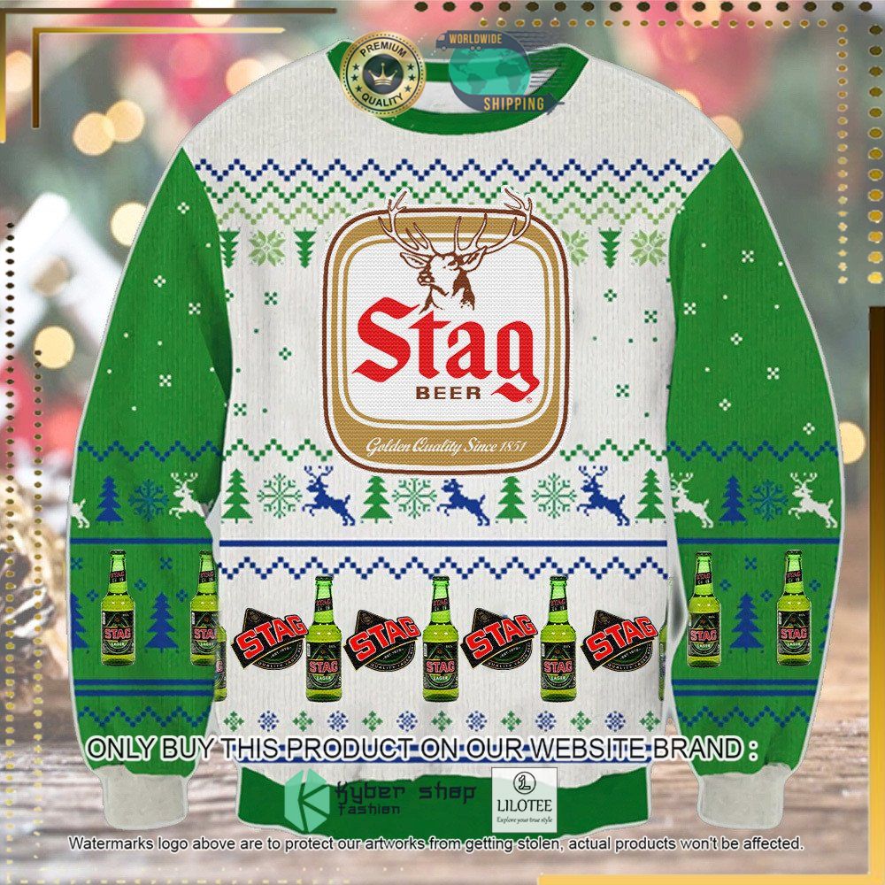 stag beer golden quality since 1851 knitted christmas sweater 1 32401