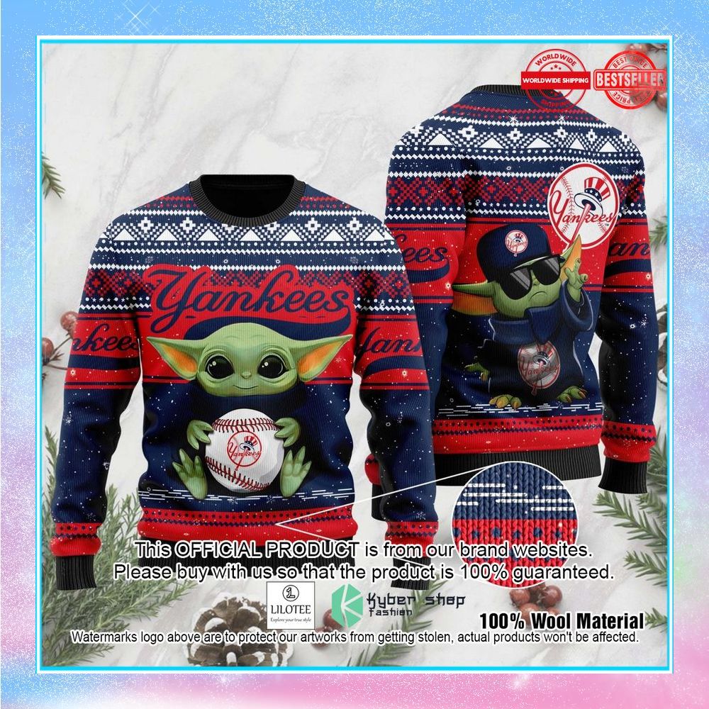 new york yankees grogu baby yoda hug logo christmas sweater 1 696