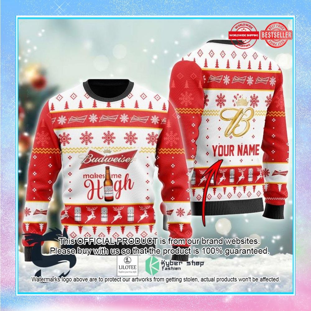 personalized budweiser make me high ugly christmas sweater 1 793