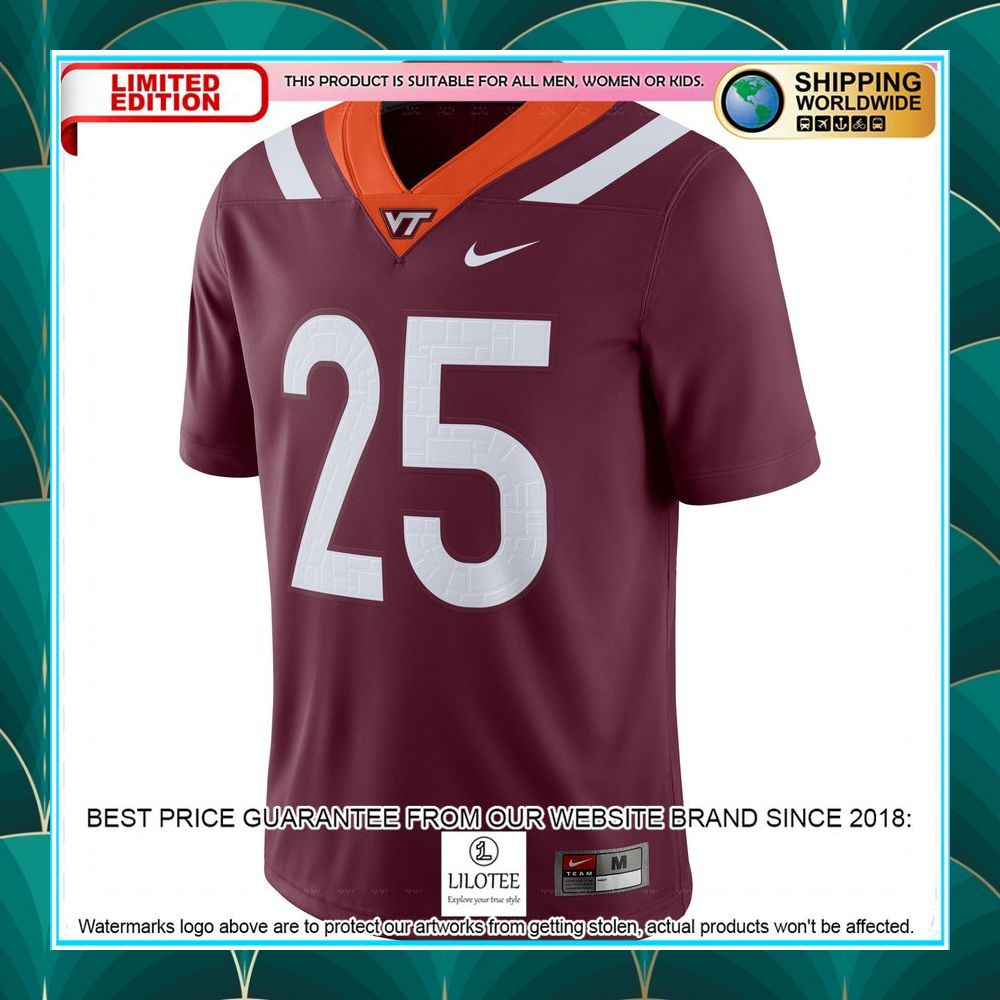 25 virginia tech hokies nike game player maroon football jersey 2 872