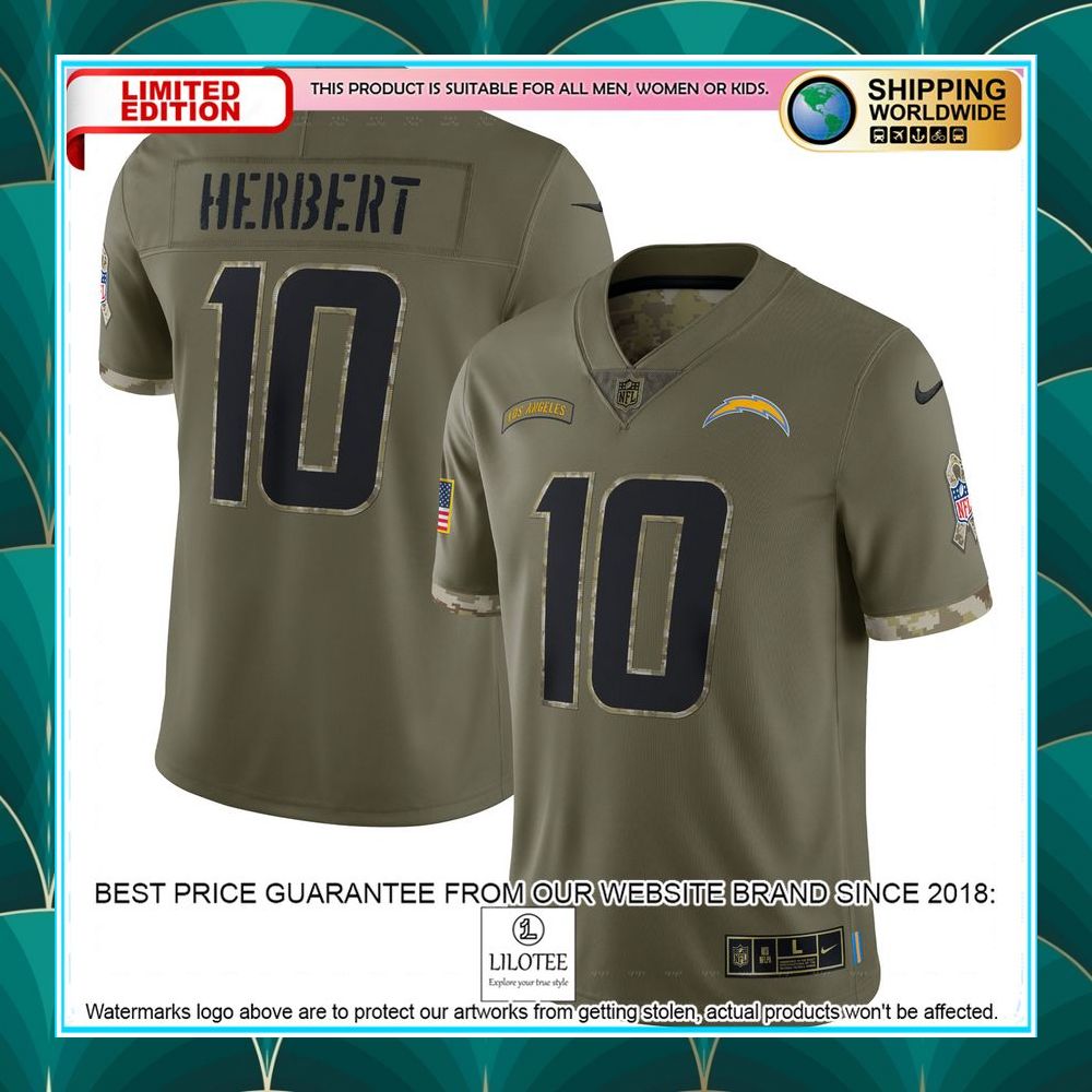 justin herbert los angeles chargers 2022 salute to service olive football jersey 1 624