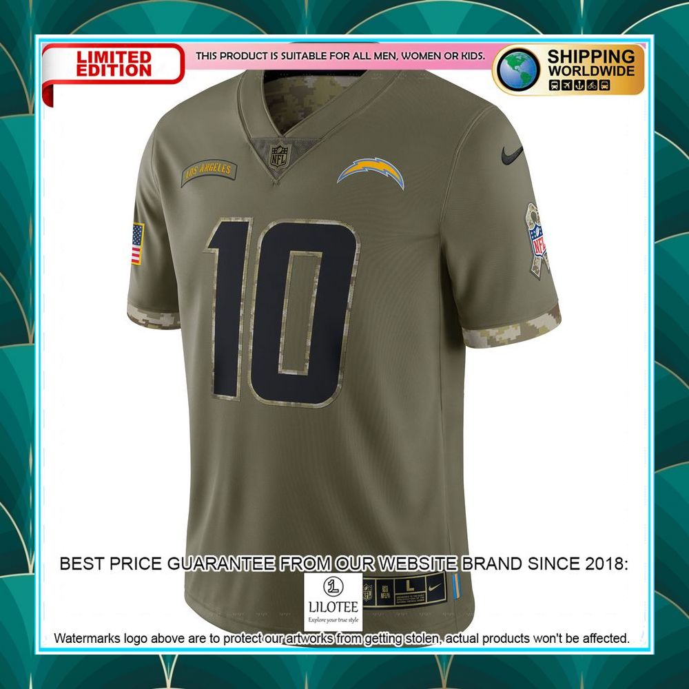 justin herbert los angeles chargers 2022 salute to service olive football jersey 2 339