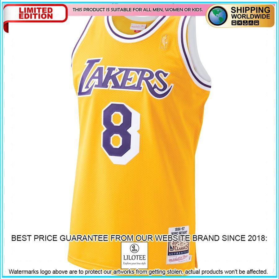 kobe bryant los angeles lakers mitchell ness 1996 97 hardwood classics authentic player gold basketball jersey 2 97