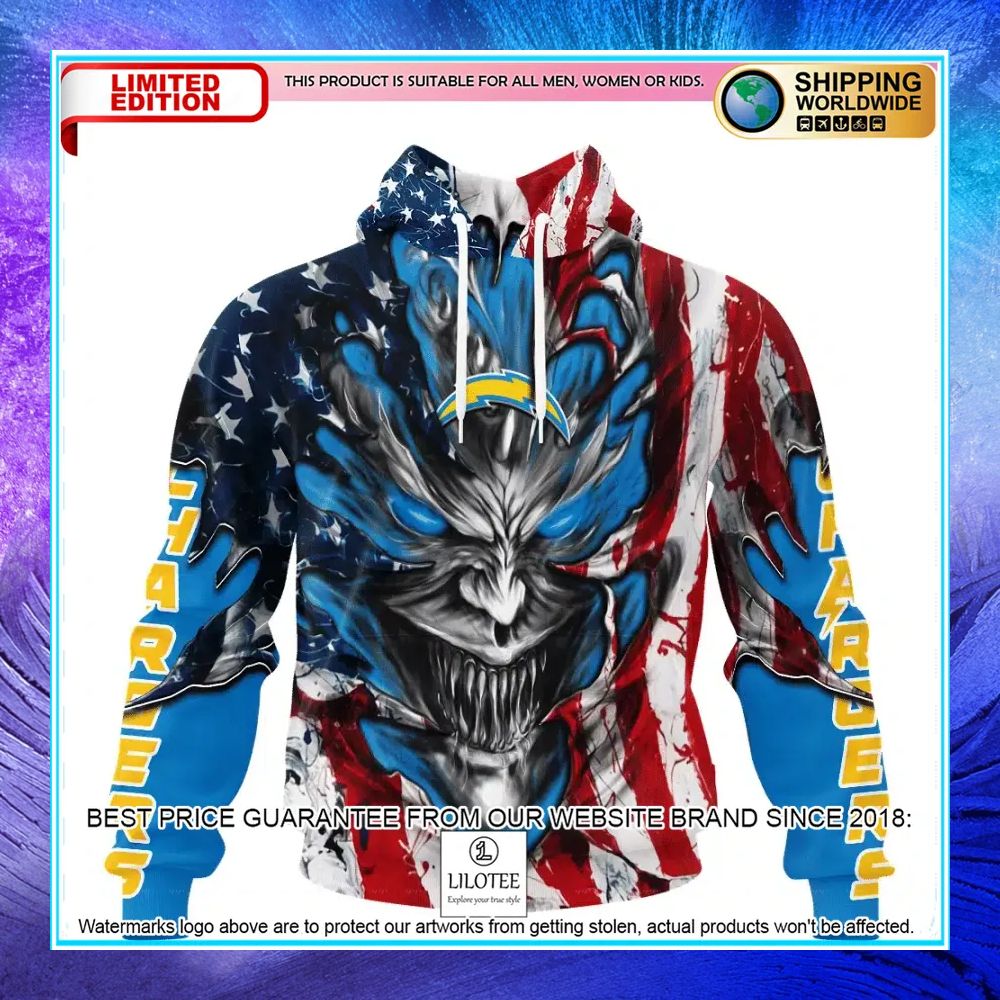 personalized los angeles chargers demon face american flag shirt hoodie 1 495
