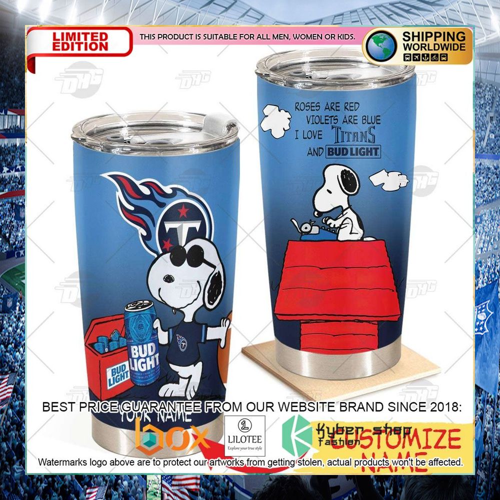 personalized nfl tennessee titans snoopy bud light beer tumbler 1 969