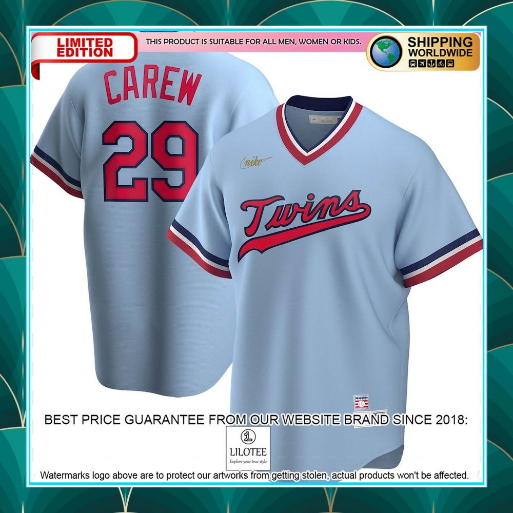 rod carew minnesota twins nike road cooperstown collection player light blue baseball jersey 1 982